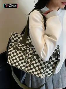 Corduroy checkerboard commuter bag for work and school, crossbody bag, shoulder tote bag, Casual crossbody bag, multi-pocket design, zipper closure, suitable for commuting, shopping, leisure travel