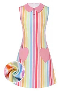 RETRO STAGE Women's 1960s Striped Rainbow Sleeveless Dress with Heart Pocket, Casual Boho Style Womenswear