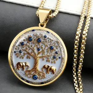 Men's 316 Stainless Steel Necklace, Tree of Life & Elephants with Evil Eye Totem Pendant, Lucky Amulet Jewelry for Trendy Guys, Rust - Resistant and Wear - Resistant