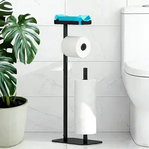 Toilet Paper Holder Free Standing for 4 Rolls, with Anti-Slip Base, Rustproof Metal Toilet Paper Stand with Top Storage Shelf for Phones, Wipe and More, Bathroom Organizers and Storage, Black