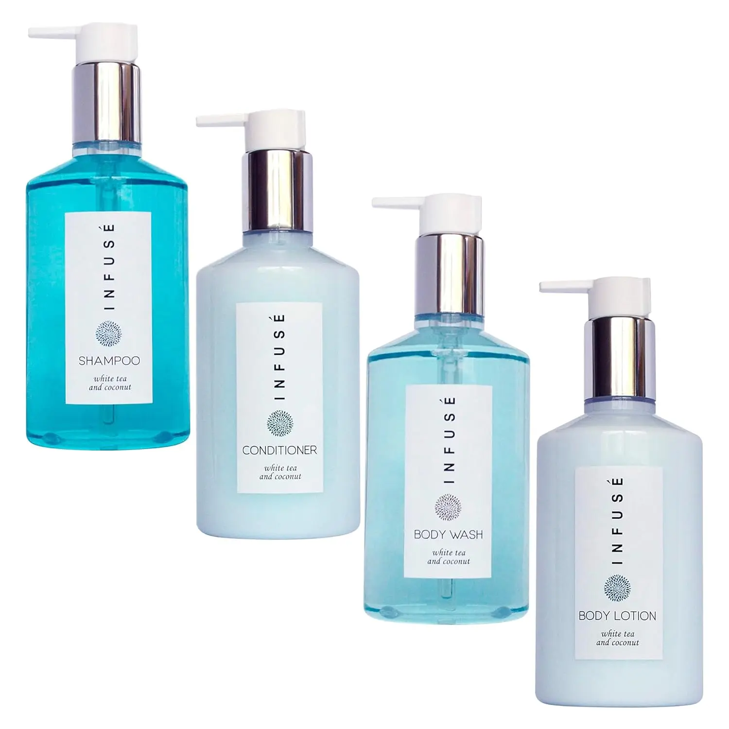 Infuse All-In-Kit | 1 Shampoo, 1 Conditioner, 1 Body Wash and 1 Lotion | White Tea and Coconut Soap 4 Piece Ecobox | 10oz Hotel Soaps and Toiletries Bulk | Personal Care Products Body Care Comfort Skin Care Plastic