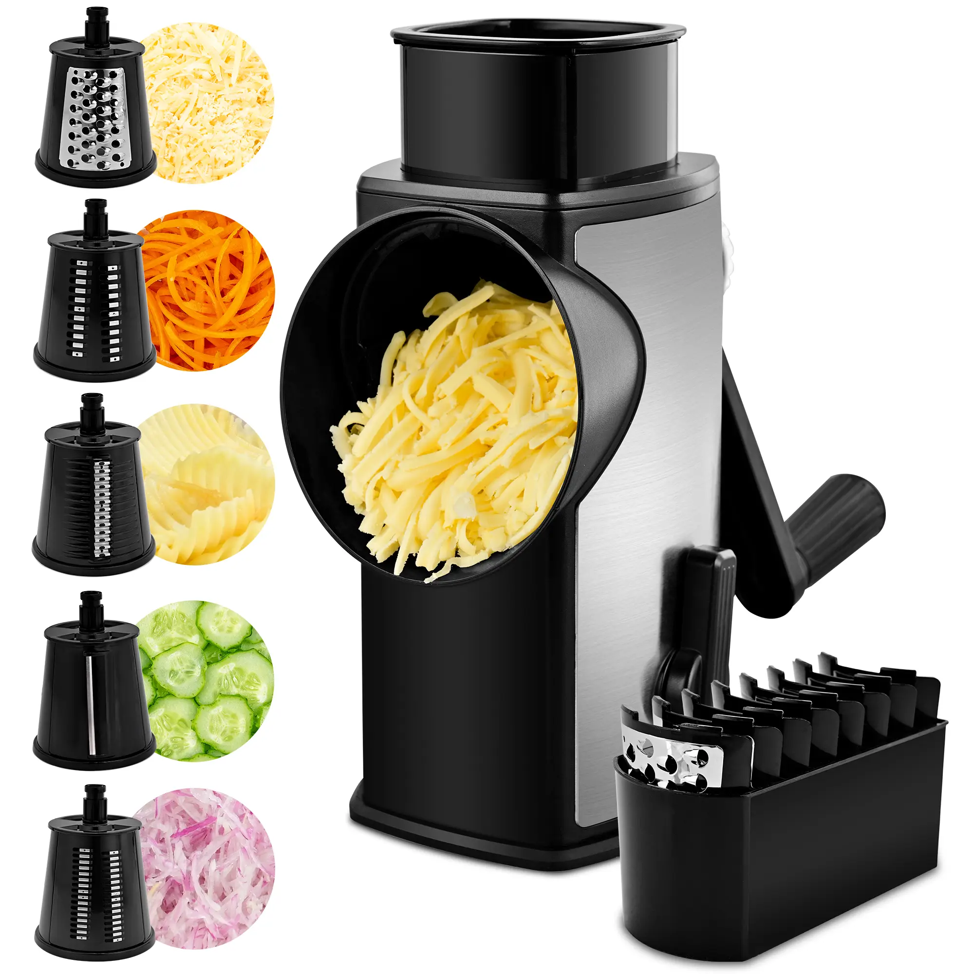 SUSTEAS Compact Manual Cheese Shredder - Stainless Steel Rotary Kitchen Utensil with 5-Blade Set, Fast Hand Crank, Powerful Suction Cup Base, Blade Storage Box, Finger-Safe Pusher, Mandoline Slicer, Vegetable Cutter for Home Cooking Wavy Cuts