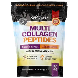 BioSchwartz Multi Collagen Peptides Powder, Types I, II, III, V & X, With Biotin & Vitamin C, Unflavored, 17.6 oz (500 g)