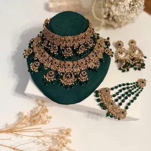 Indian Bridal Necklace Set: Gold Plated Kundan Jewelry, Green Crystal Embellishments
