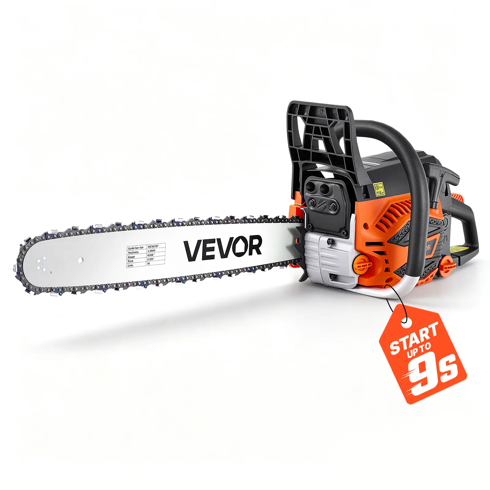 VEVOR Gas Powered Chainsaw 20 Inch 58CC 3.22HP 2 Stroke Engine Gas Chainsaw, for Wood Cutting, Tree Trimming & Land Clearing, Throttle-Synced Choke, Power Chain Saw with Non-Slip Handle & Dual Tanks