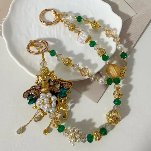 Bag Charm Bee Luxury Pearl Phone Charm Beaded Chain for Purse Y2K Phone Straps Smartphone Charm Dark Green & Golden Bagchains for Women Men Kids andmade Original DIY Aesthetic | Sparkling Y2K Luxury Accessory