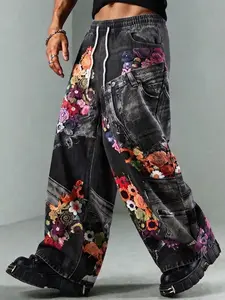 Men's Floral Long Pants, Street Style, Streetwear, Casual, Comfortable, Spring & Fall, Slim-Fitting, Drawstring Waist, Ankle Length, Casual Comfy Trouser