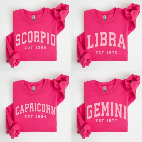 (Leave A Note) Custom Zodiac Sweatshirt – Heliconia Pink Color, Custom Year-Est Your Year Astrology Pullover, Cute Horoscope Energy Gift, Unisex Crewneck Sweatshirt, Birthday Zodiac Sign Outfit 2025