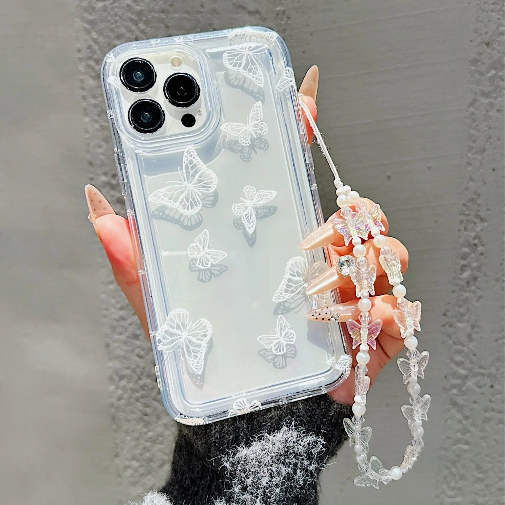 Butterflies Pattern TPU Casing with Beaded Lanyard, Decorative Protective Phone Case for iPhone 11-17 Pro Max/Pro/Plus, Devices Protection Accessory, Phone Decoration