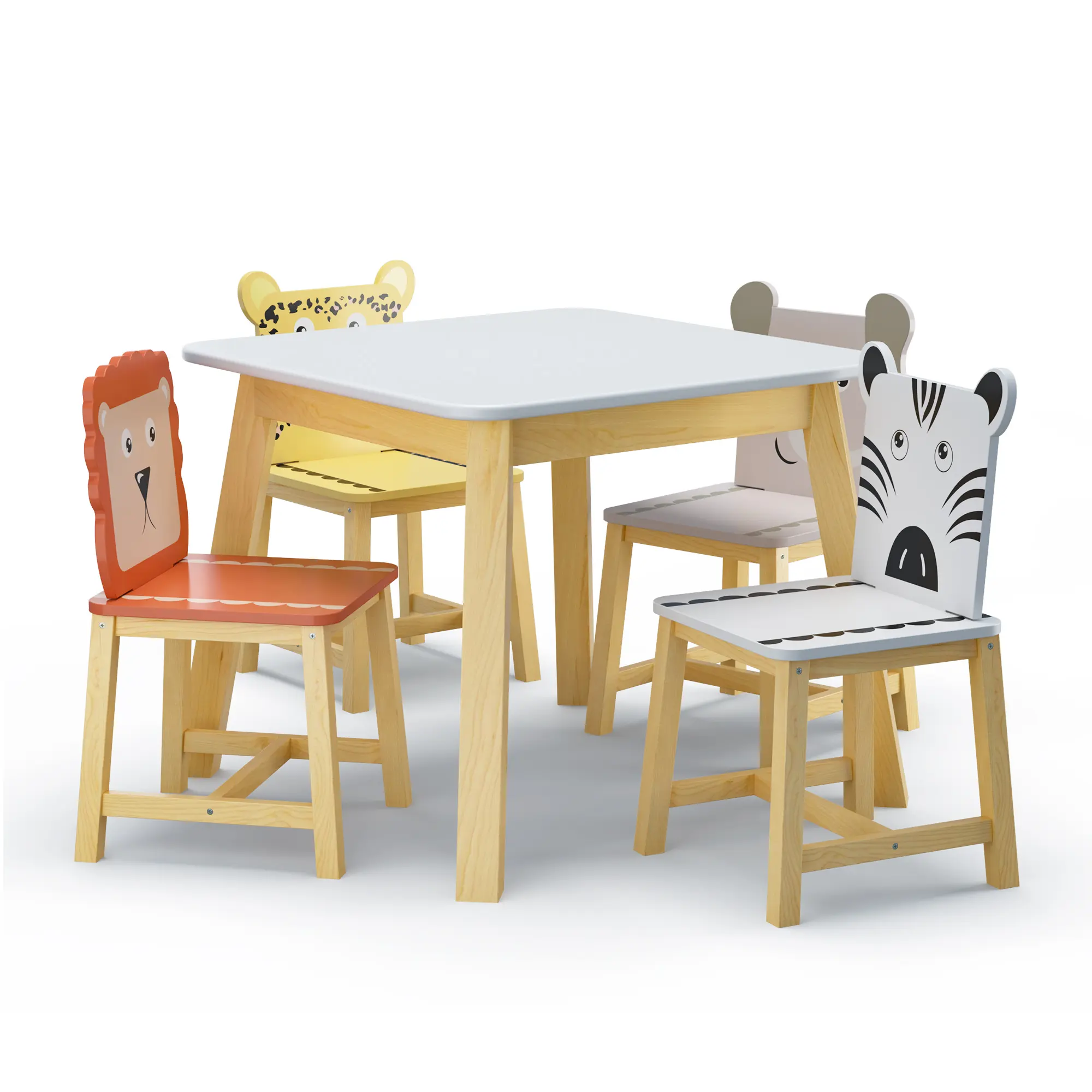DOMISO 5 Pcs Kids Table and Chairs Set, 5 Pieces Toddler Table and Chair Set, Wooden Activity Play Table Set, Children's Furnitures(Lion&Monkey)