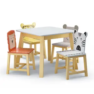 DOMISO 5 Pcs Kids Table and Chairs Set, 5 Pieces Toddler Table and Chair Set, Wooden Activity Play Table Set, Children's Furnitures(Lion&Monkey)