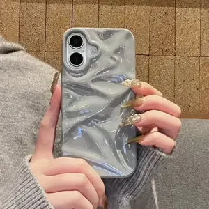 Luxury Electroplate Silvery 3D Wrinkle Phone Case for Iphone 16 15 14 13 11 12 Pro Max Purple Water Ripple Shockproof Soft Cover