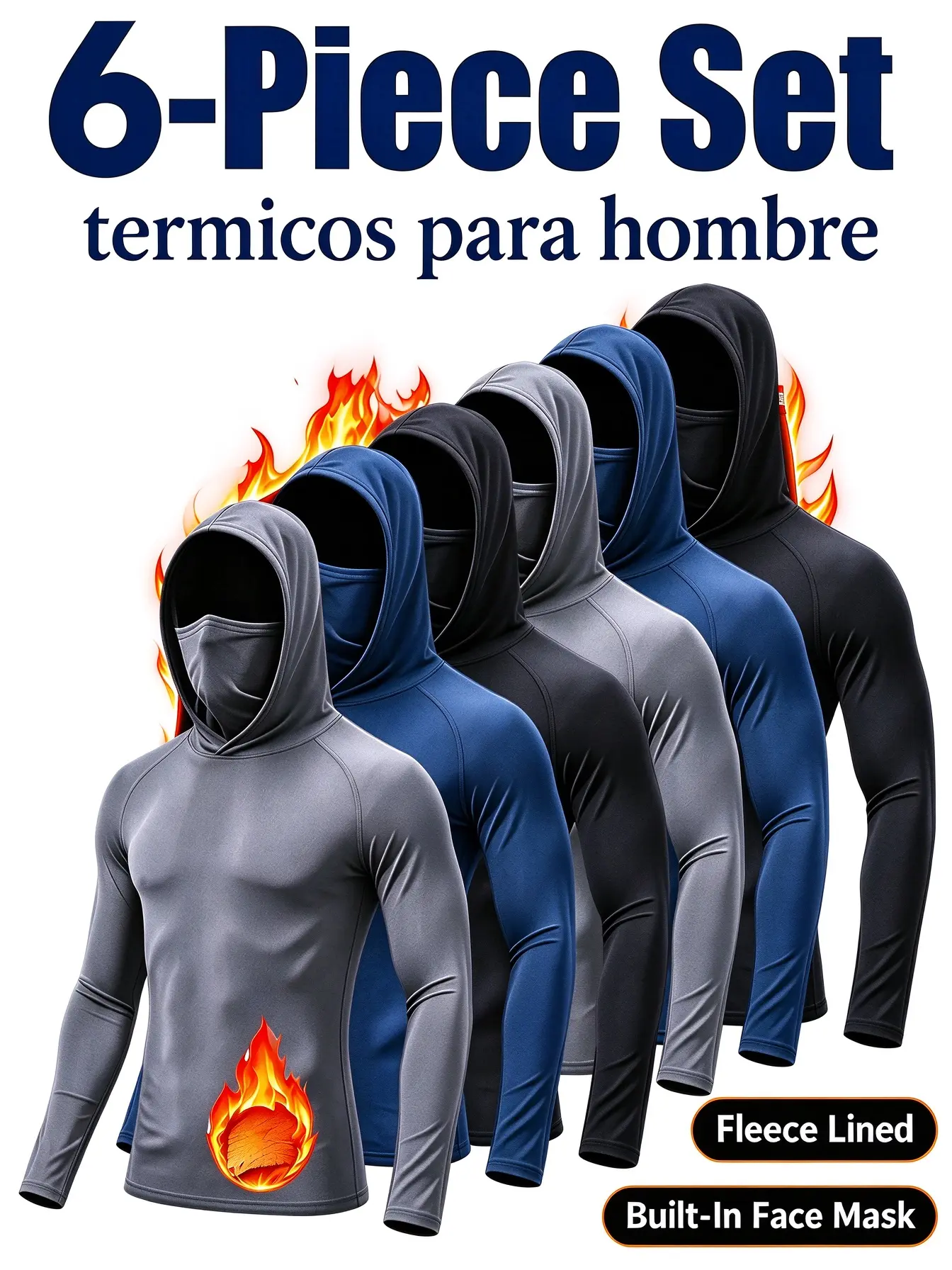 termicos para hombre Men's 3/6-Piece Fitted Casual Hoodie Pullover with Built-in Face Mask, Blue, UPF 50+ UV Protection, Slim Fit Long Sleeve, Lightweight Soft Breathable Quick Dry, Machine Washable Menswear Top for Biking, Running