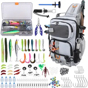 Fishing Backpack with Tackle Boxes,Waterproof Fishing Shoulder Bag with Rod Holder,Fish Bag with 136 Pcs Fishing Lures Kit,Fish Hook Remover Tool,Fish Lip Gripper,Fishing Plier,Gifts for Men (Gray)