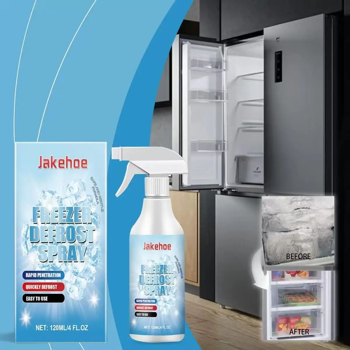 Jakehoe Ice Cabinet Defrost Spray, Multi-Use Cleaning Spray, Multi Purpose Spray, Home Cleaning Supplies, Household Cleaner, Cleaning Agent for Home Refrigerator, Freezer, Ice Maker, Easy De-Icing and Thawing Solution