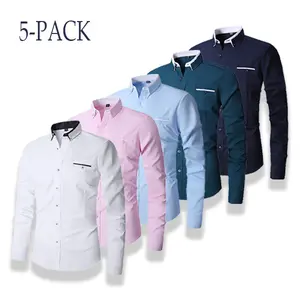 Men’s 5-Pack Slim Fit Long Sleeve Dress Shirts – wrinkle-free, contrast collar button-down shirts for business and casual wear; multiple color options; comfort stretch fabric; wrinkle resistant; everyday work shirts with pocket oxford