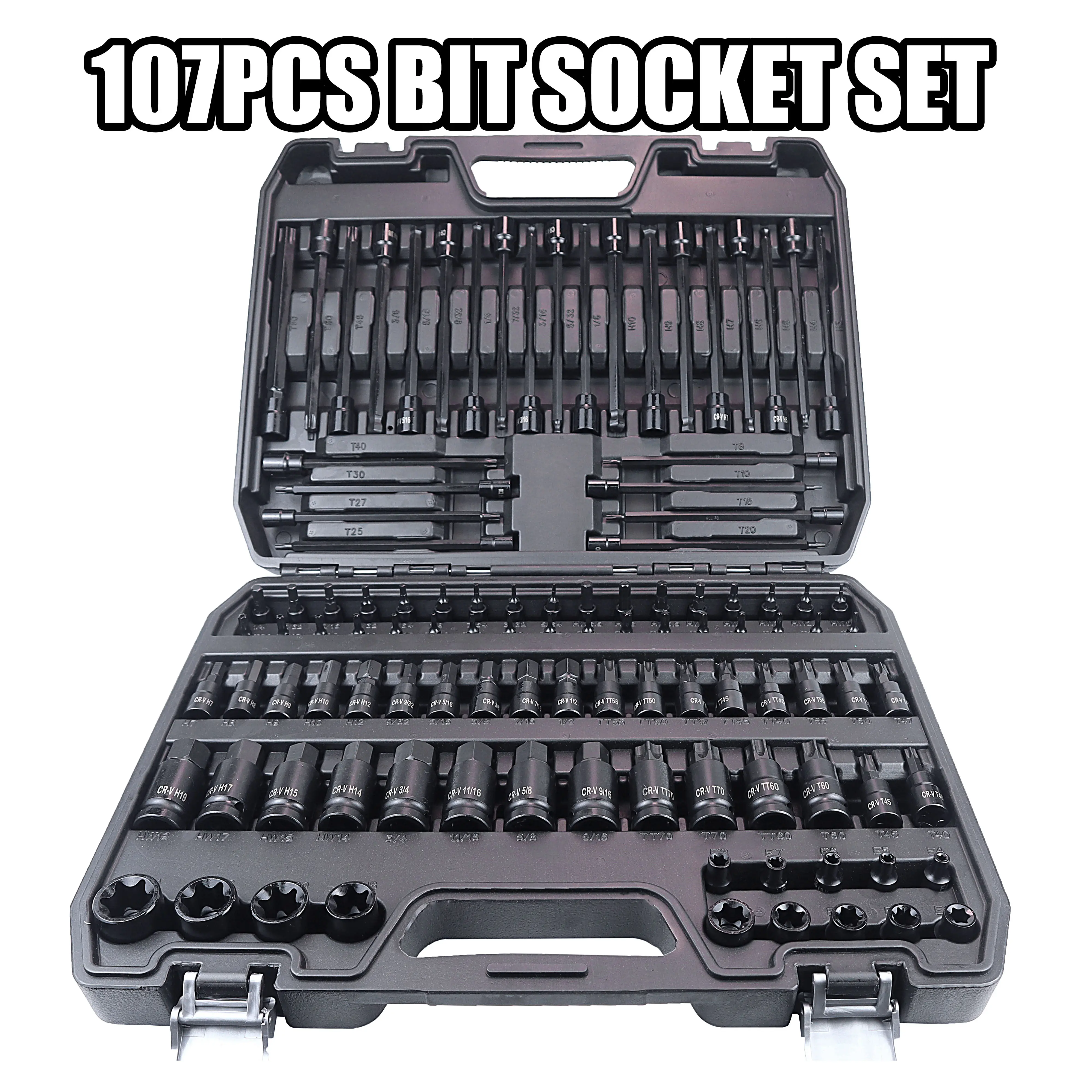107PCS Master Bit Socket Set - Heavy-Duty Impact-Grade Torx, Hex, E-Torx, Nut Driver Sockets, Wrench Extension Bars, CR-V Steel Long Reach Mechanic Tools, Metric/SAE Impact Driver Accessories for Auto Repair with Blow-Molded Case