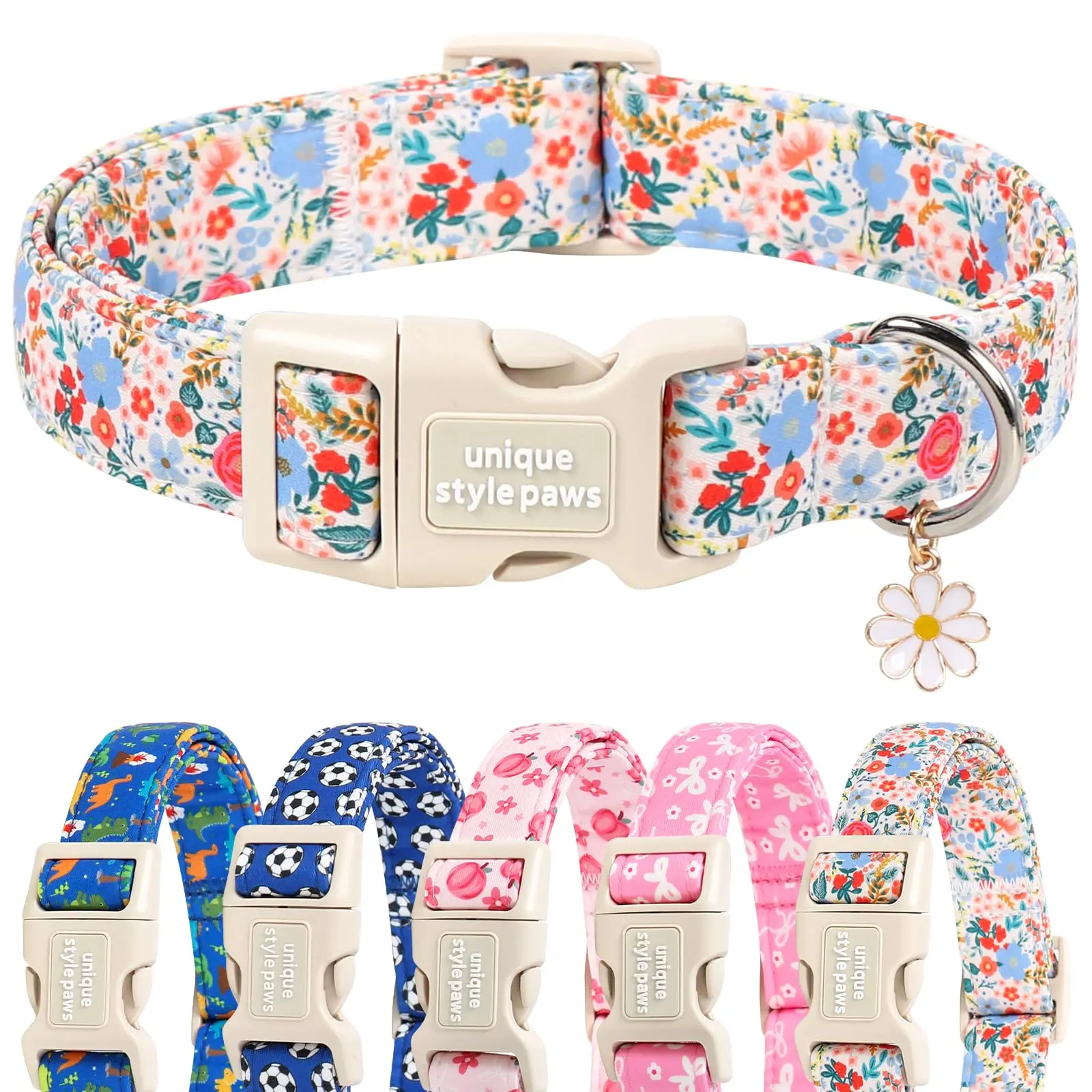 Dog Collar Plastic Buckle with Pendant Puppy Collar for Blue Pink Flower for Small Medium Large Boys Girls Dogs