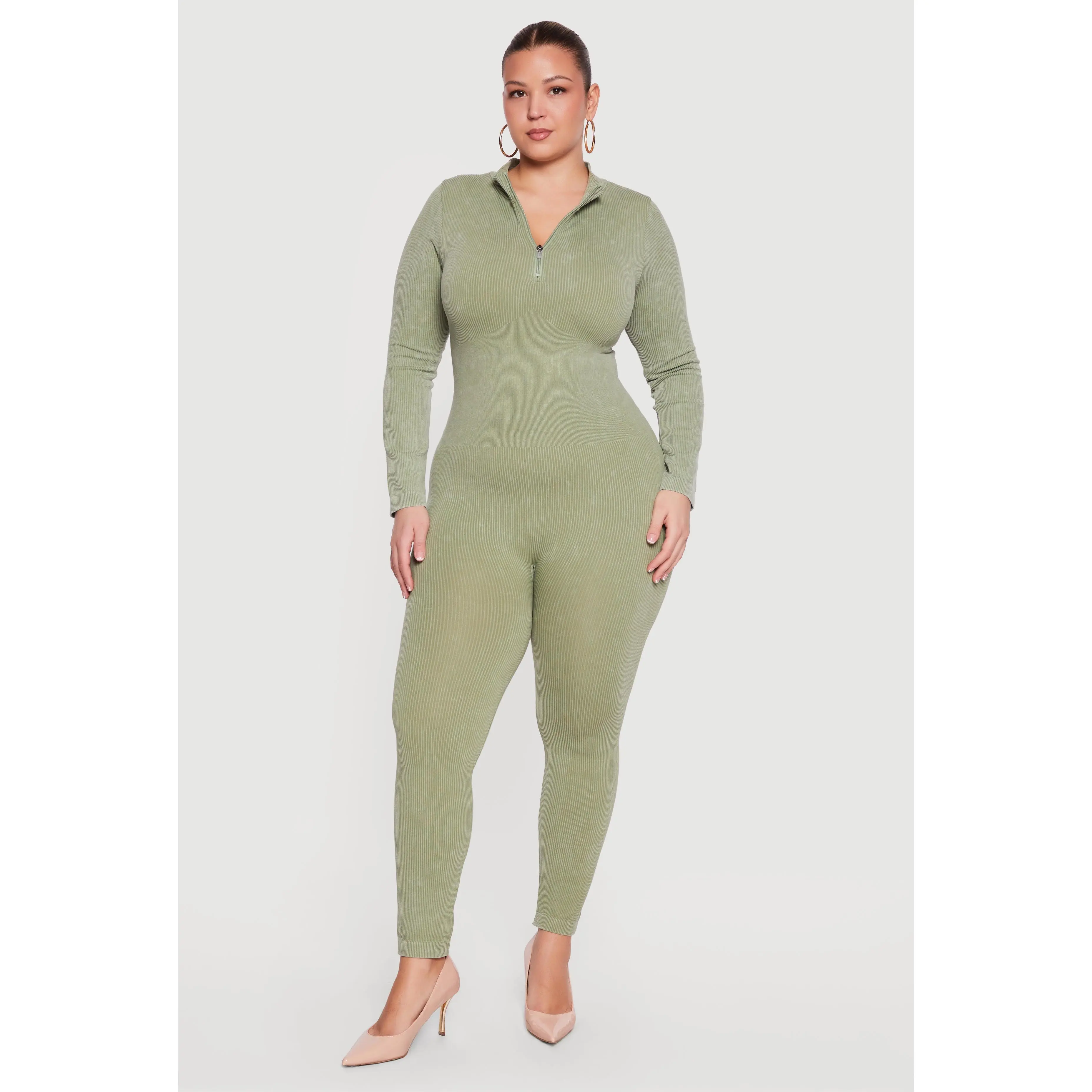 Plus Size Acid Wash Seamless Ribbed Long Sleeve Catsuit