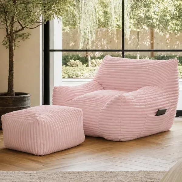 Corduroy Modern Fluffy Foam Bean Bag Chair with Armrests and Ottoman - 1-Person Comfy Indoor Furniture Sofa for Bedroom, Living Room, Dorm, Pink