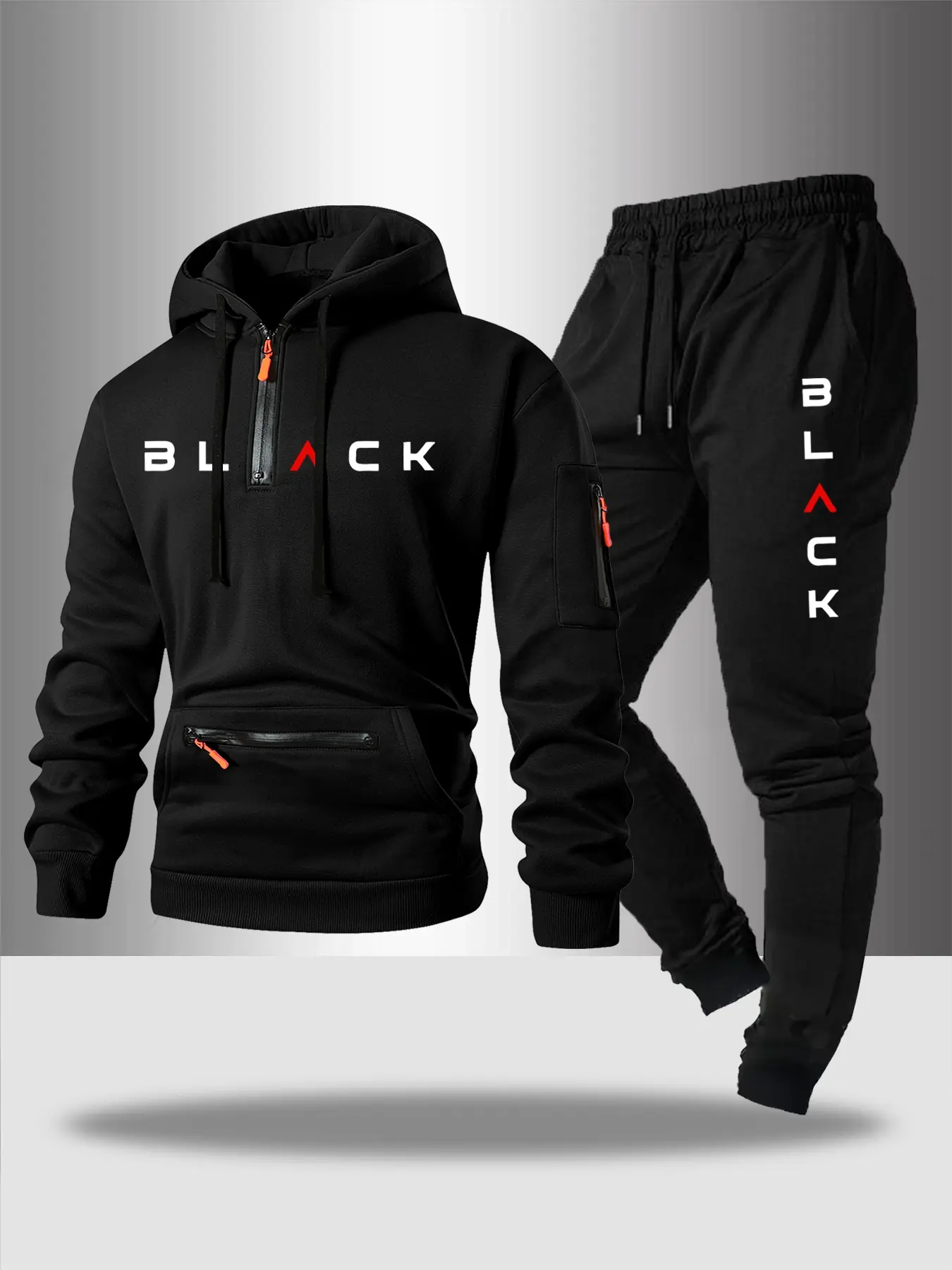 Men's Hooded Black Sweatshirt Set with Half-Zipper Design, Activewear, Trendy Pocket Zipper, Letter Print, Multiple Colors Available