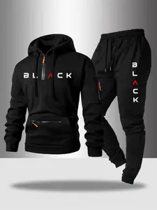 Men's Hooded Sweatshirt Set with Half-Zipper Design, Activewear, Trendy Pocket Zipper, Letter Print, Multiple Colors Available