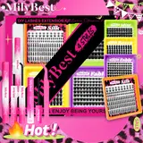 MilyBest 4-Style Mini Boxes DIY Lash Cluster Kit - 0.07mm D Curl Manga, Dramatic, Fluffy, Volume, Spikes, Bottom Natural Lashes, Waterproof, Soft, Comfortable, W/ Tweezers, Glue, Remover, for Beginners & Pros,familyfun