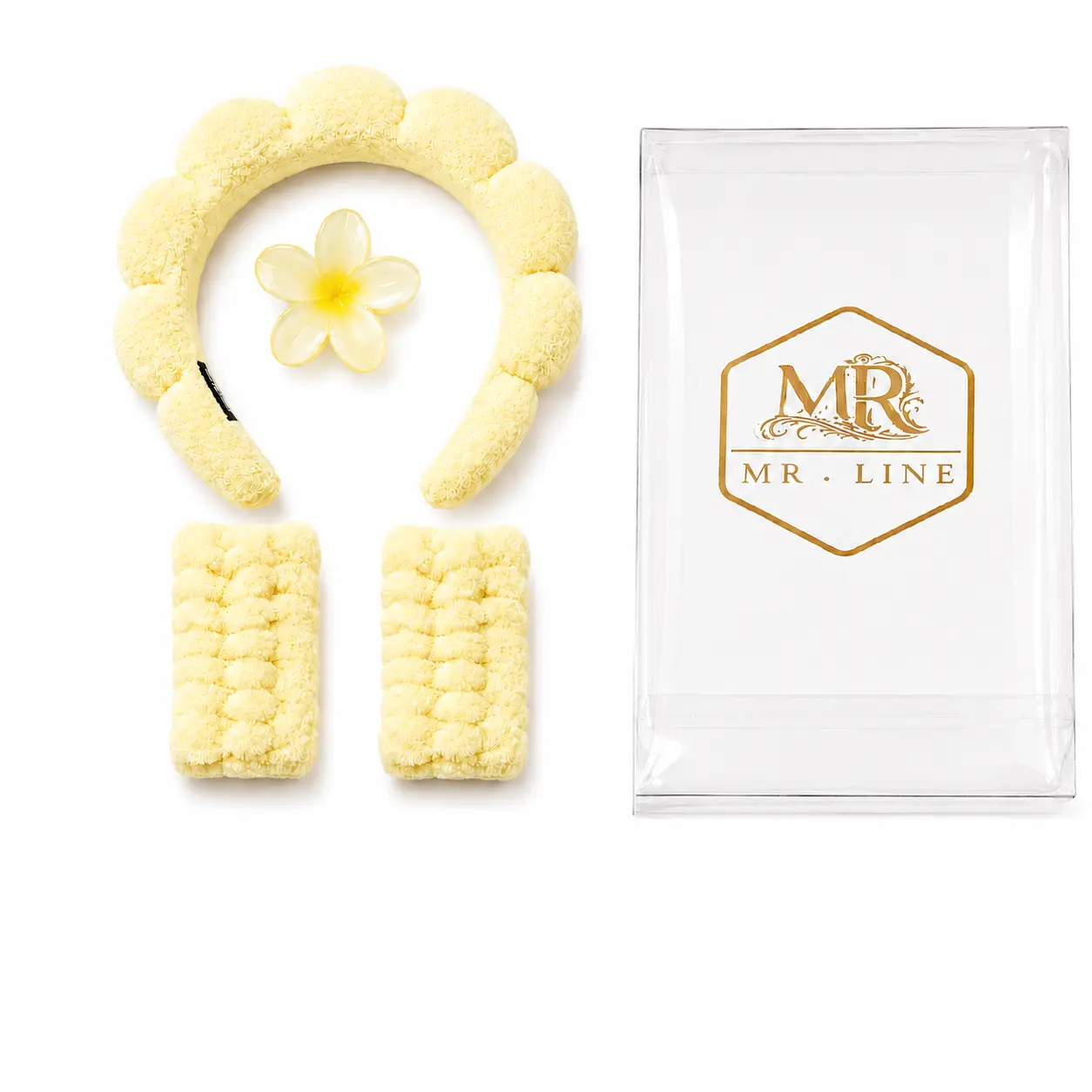 Mr.Line Light Yellow Spa Headband & Wristband Set with Flower Hair Claw Clip, Puffy Face Wash Headband + 2 Absorbent Wrist Bands for Skincare, Makeup, Facial Cleansing & Beauty Routine