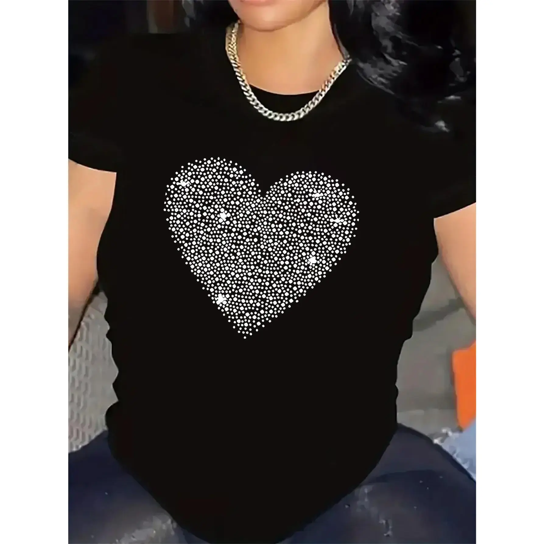 Short Sleeve T-Shirt With Sparkling Heart Design | Made Of Durable Fiber, Perfect For Casual Wear In Restaurant Or Living Room, Lightweight And Comfortable, Ideal For Everyday Use, Crew Neck, Medium Stretch Fabric