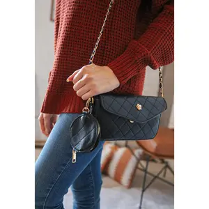 Black Rectangular Quilted Chain Strap Bag with Coin Purse