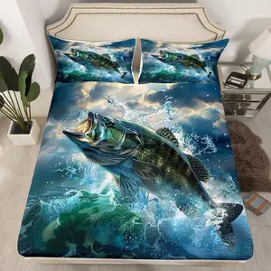 Pike Fish Bed Sheet Set Bass Big Fish Fitted Sheet for Kids Boys Girls Decor Fishing and Hunting Bedding Set Fisherman Fish Man Bed Cover Deep Pocket