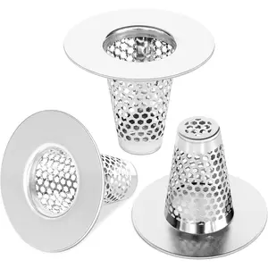 3 count Bathroom Sink Drain Strainers, Stainless Steel Hair Catcher, Cone Shaped Floor Drain Replacement Fit Hole Size 1.2"-1.6", for Laundry Floor Drain, Bathtub, Kitchen Slop Basket Filter