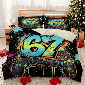 Vibrant Graffiti Handle Duvet Set, Decorative Bedding Set, Modern Bedding Set, Decorative Bedsheet Sets, Bedroom Bedding Set, Digital Print Pattern 67, Includes 1 Fitted Sheet & 2 Pillowcases, Breathable Soft Polyester Fiber
