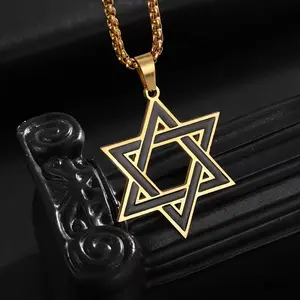 Men's Six Star Pendant Necklace, Two Color Star of David Design, Hip Hop Square Bead Chain, Religious Style Jewelry, You and Me Necklace, Suitable for Daily Wear and Faith Gifts mariner high end