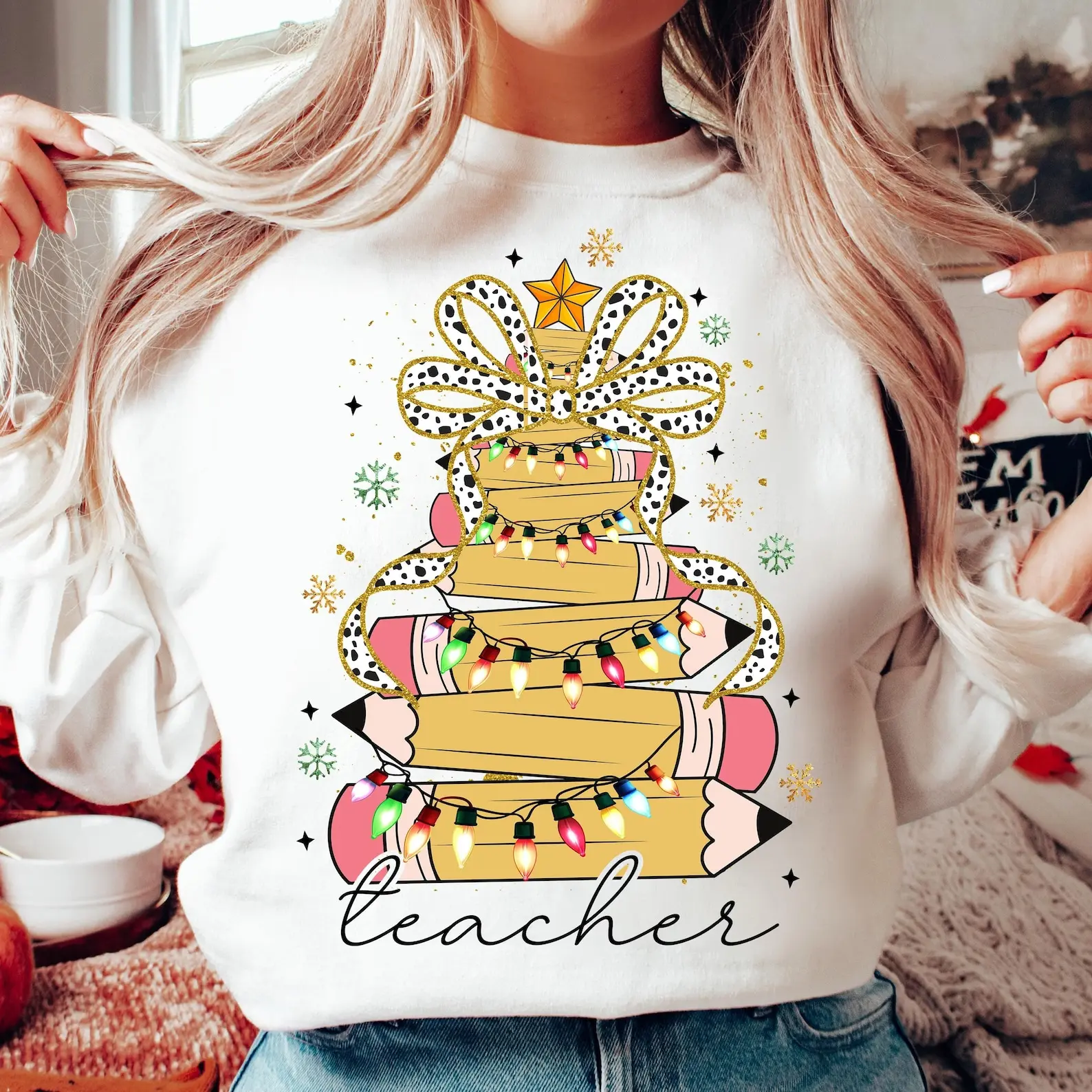 Christmas Pencil Tree Teacher sweatshirt, Teacher Coquette Bow sweatshirt, Teacher Christmas Shirt , Gift for Teacher, Merry Teacher sweatshirt