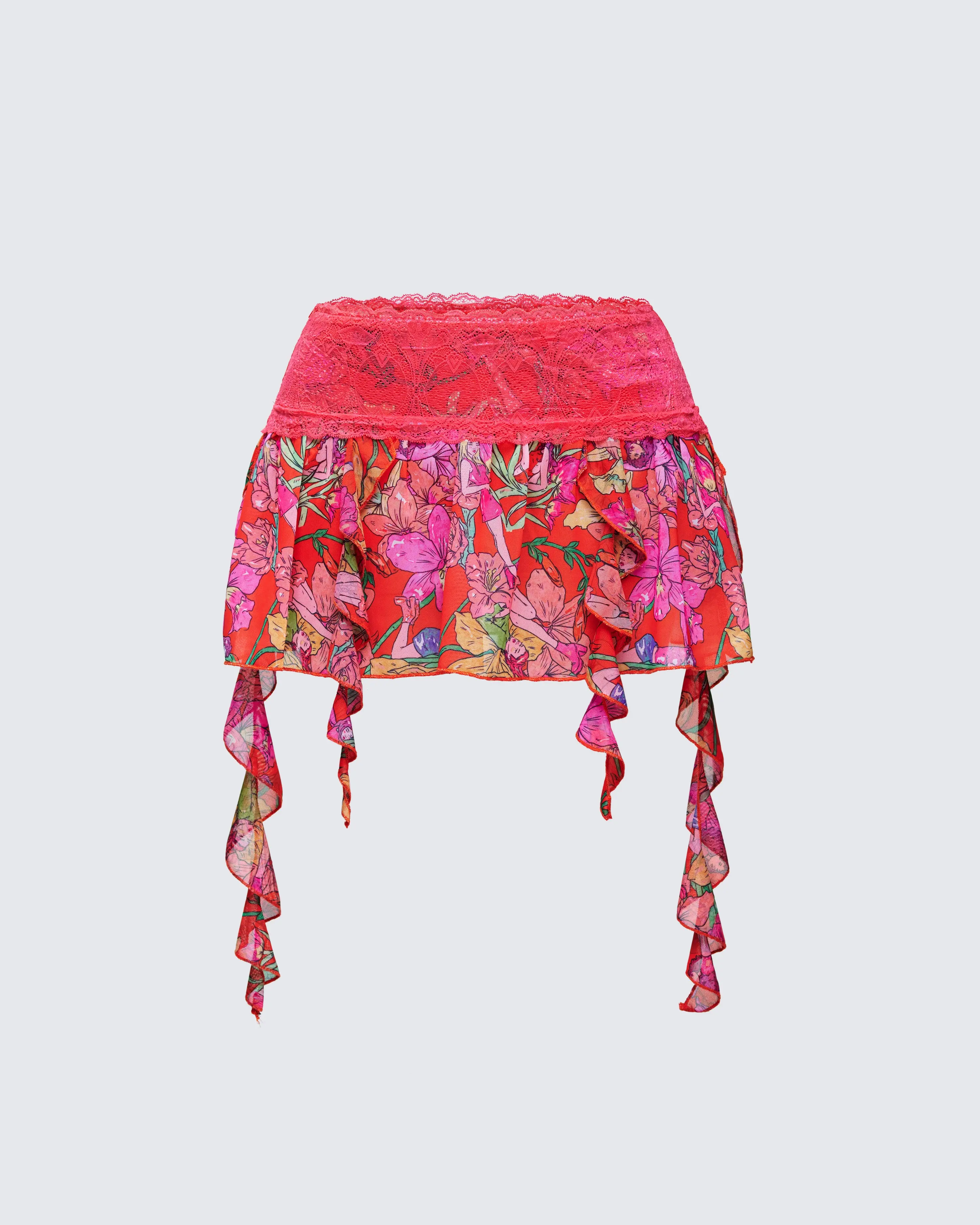 Women's Aurelia Orange Tropical Printed Polyester-Spandex Mesh Ruffle Mini Skirt with Ribbon Straps, Lace Accents, Women's Bottom Ideal for Beach Wear