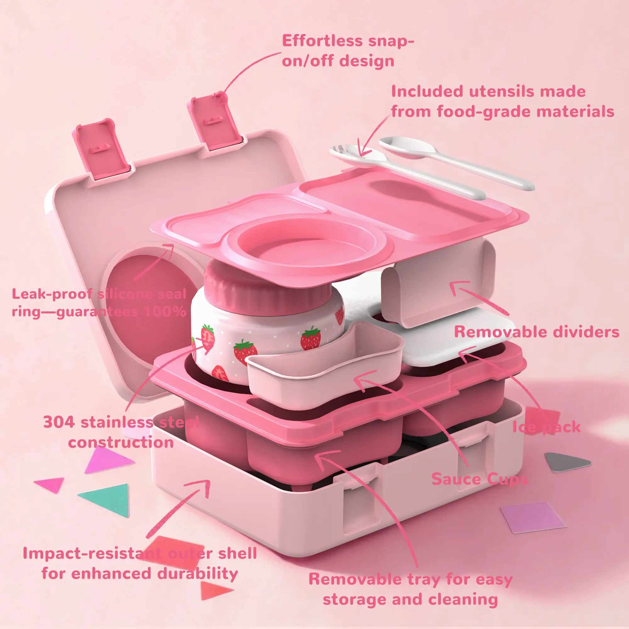 SIMILOVE BPA-Free 304 Stainless Steel Rectangular Kids Lunch Box Set - 8oz Thermo-Insulated Food Jar, Leakproof Bento Tray, Dividers, Ice Pack, Sauce Cup, Utensils, Lunch Bag, Adjustable School Backpack (Party Gift for Bento Box Packing)