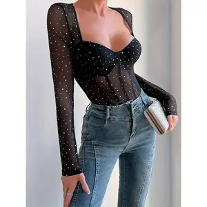 [Elegant Sequin Bodysuit] Long Sleeve Mesh Bodysuit - Elegant Sequin-Embellished, Slimming, Breathable & Stretchy, Perfect for Spring & Fall