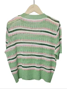 Women's Colorblock Print Knitted Sweater, Casual Short Sleeve Round Neck Jumper for Summer, Fashion Women's Knitwear for Daily Wear