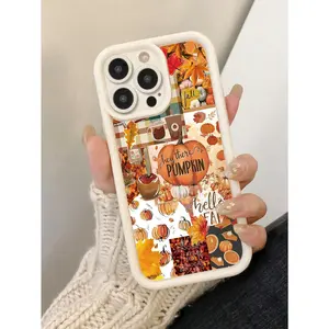 1pc Stylish Autumn Pumpkin Graphic Splicing Pattern White Micro-Hole Anti-Slip Anti-Fingerprint Full Coverage Phone Case, Compatible with iPhone 16, 15, 14, 13, 12, 11, X, XR Soft Shell, Minimalist Creative Gift for Friends and Family, Accessories, Smartp