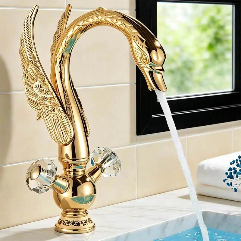 Victorian Swan Style Bathroom Mixer Tap - Polished Gold Solid Brass Basin Mixer Tap, Single Hole Deck Mounted Bathroom Fixtures, Hot & Cold Sink Faucet, Universal Sink Fit, Full Installation Accessories, Sturdy Stylish Home Use