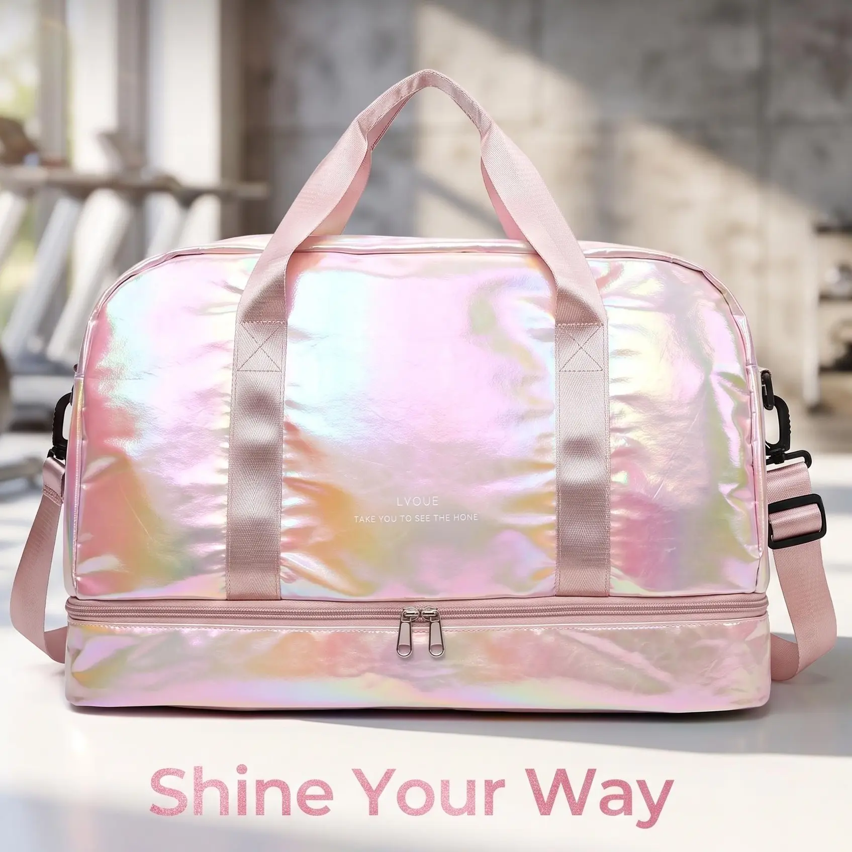 Large Capacity Holographic Travel Duffle Bag for Women Waterproof Weekender Gym Tote with Shoe Compartment Wet Dry Separation Adjustable Strap Carry On pink
