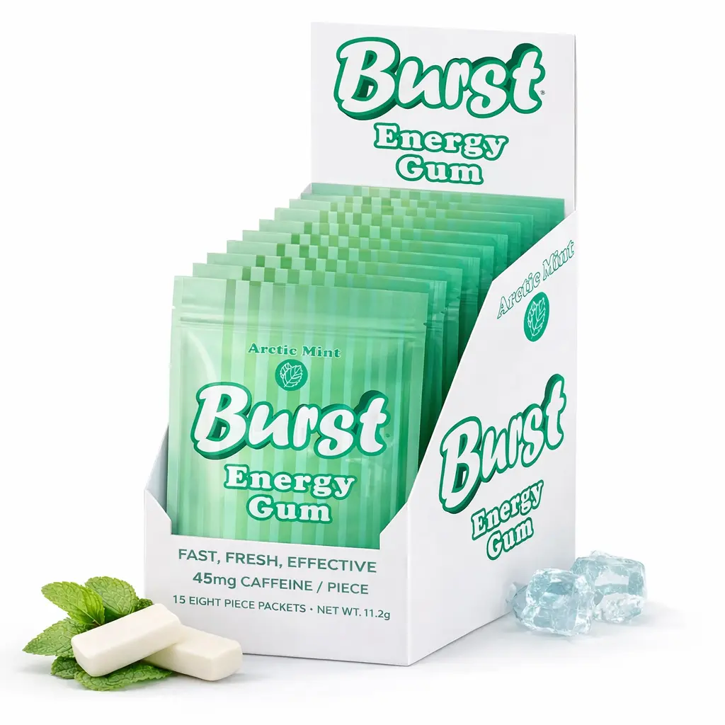 Burst Energy Gum - 45mg Caffeine Per Piece | Focus & Energy Burst | Extra Strength in Functional Gum | Arctic Mint Flavor | Pre-Workout, Long Days & Nootropic | 15 Packs of 8 (120 Pieces)