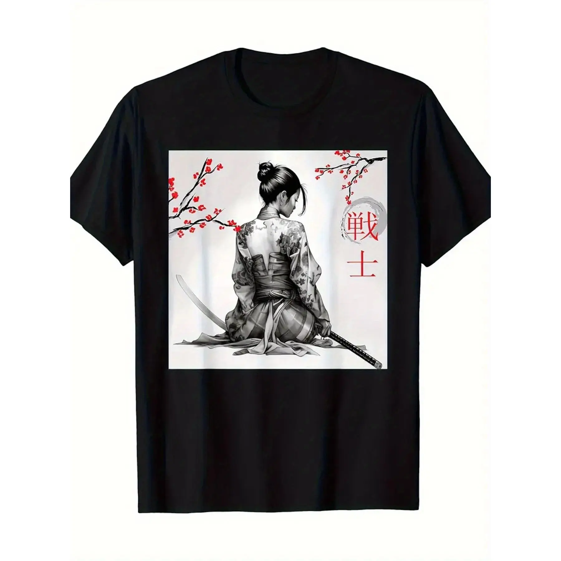 Men's 100% Cotton Short-Sleeve Knitted T-Shirt - Round Neck, Regular Fit, Breathable, Japanese Samurai & Sakura Woodblock Print, Digital Heat Transfer, Casual Use, 1pc Menswear Top Streetwear Tops