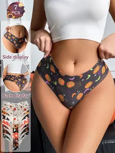 7-pack Halloween themed women's panties, assorted printed scalloped triangle briefs, ghost pumpkin skull women's thong.