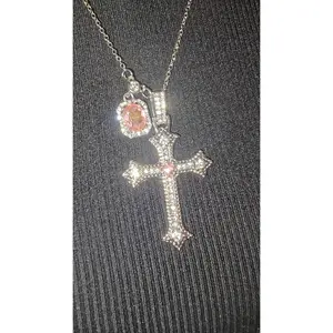 Pink and clear rhinestone cross pendant necklace