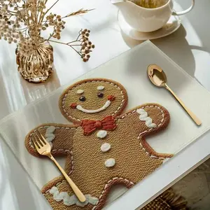 Set of 4 Gingerbread Man Placemats, Christmas Table Heat Insulation Mats, Flat Print Design, Create Festive Atmosphere, Holiday Decorations, Kitchen Decorative Placemat