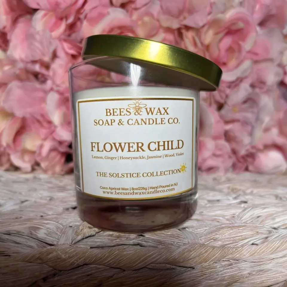 Flower Child 8oz All Natural Coconut Wax Candle - Wooden Wick, Transparent Jar, Citrus-Ginger & Lemon-Honeysuckle-Jasmine-Violet Signature Scent, Fragrance Aroma Decorative All Natural Home Decor Candle Accessory, Room