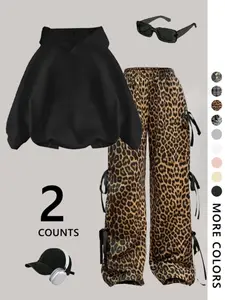 Women's Hooded Sweatshirt Set, Leopard Bow Casual Pants, Y2K Style, Loose-Fitting, Perfect for Daily Gatherings, Camping, Travel, Streetwear