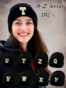 Unisex Knitted Beanie Hat A-Z Embroidered Custom Design, High Elasticity Sports Style Winter Cap, Warm Knit Fabric for Outdoor Activities